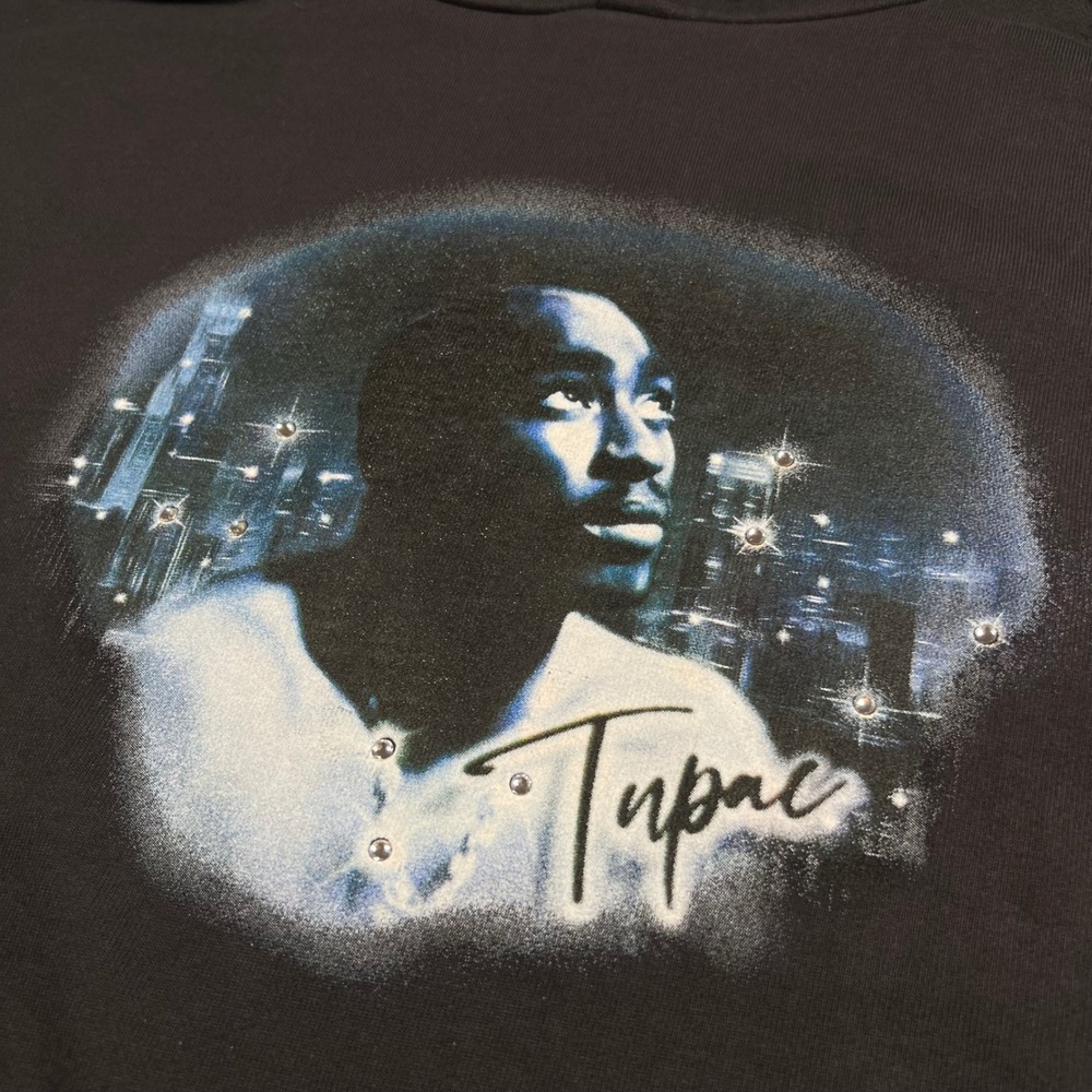 Cross Colours Tupac Shakur Hoodie Mens L Black 2Pac Rhinestone 90s Oversized New - Picture 4 of 11